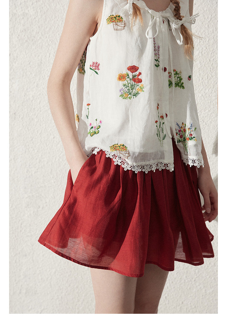 Floral Embroidered Sleeveless Top & Airy Skirt