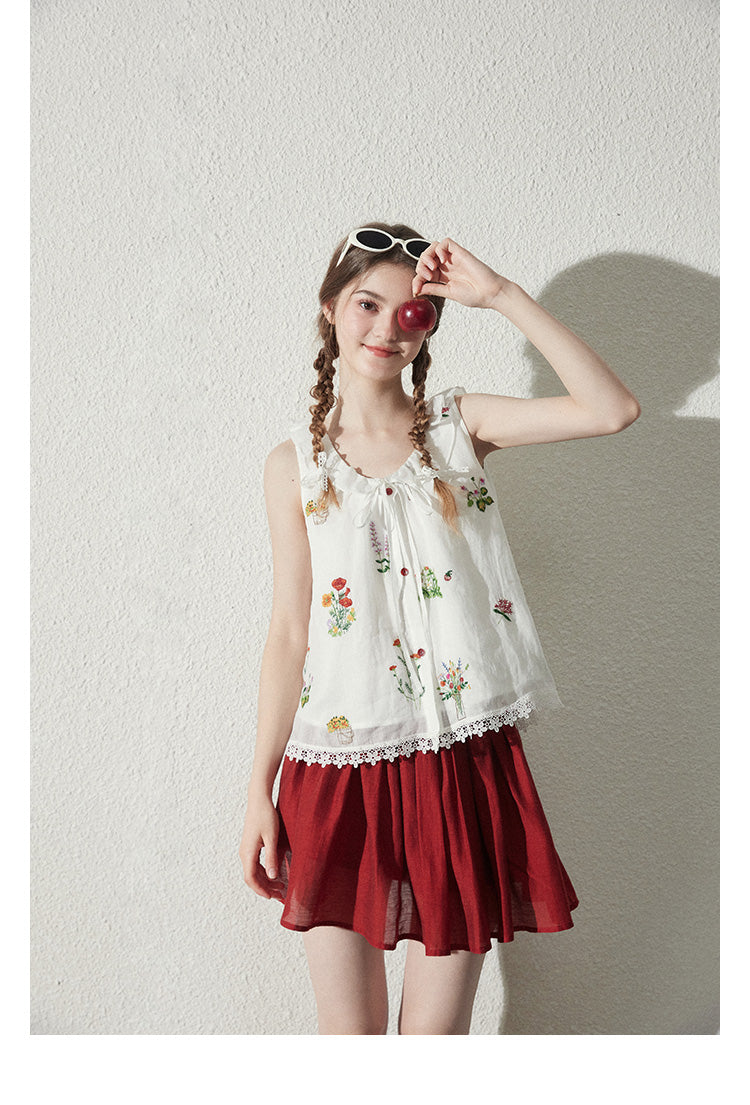 Floral Embroidered Sleeveless Top & Airy Skirt