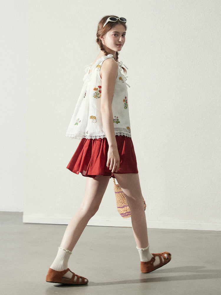 Floral Embroidered Sleeveless Top & Airy Skirt