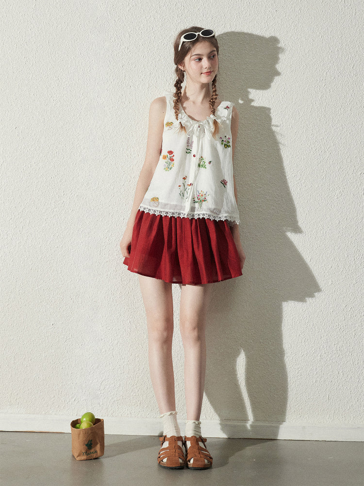 Floral Embroidered Sleeveless Top & Airy Skirt