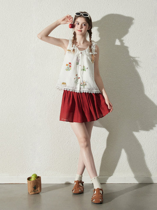Floral Embroidered Sleeveless Top & Airy Skirt