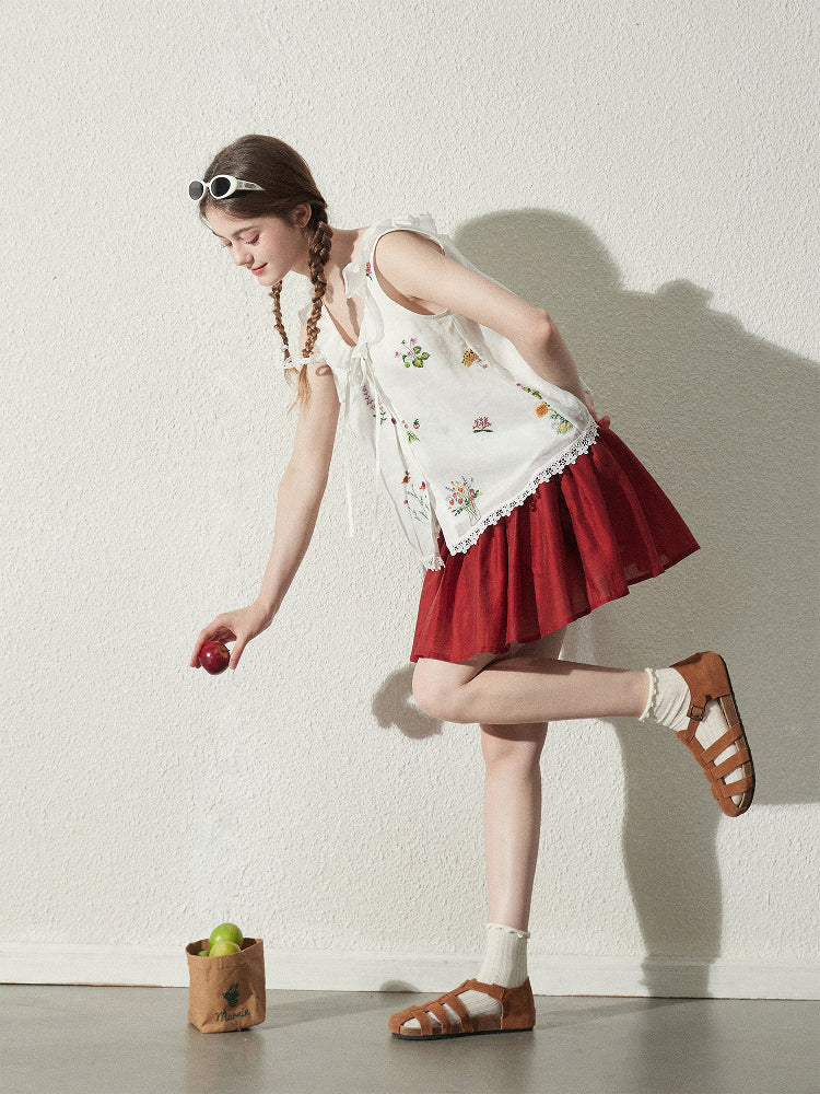 Floral Embroidered Sleeveless Top & Airy Skirt