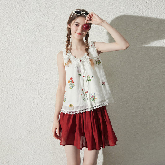 Floral Embroidered Sleeveless Top & Airy Skirt