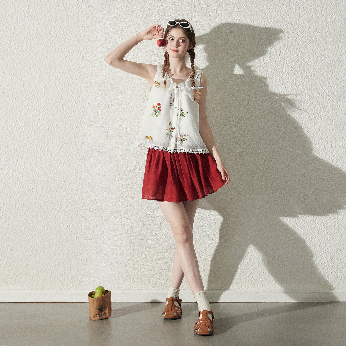 Floral Embroidered Sleeveless Top & Airy Skirt