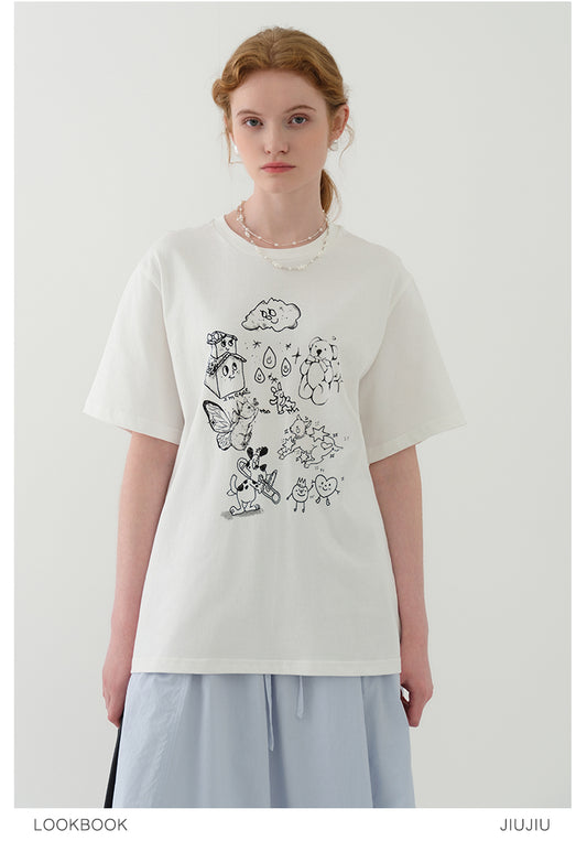 Cotton T-Shirt With Illustration Print