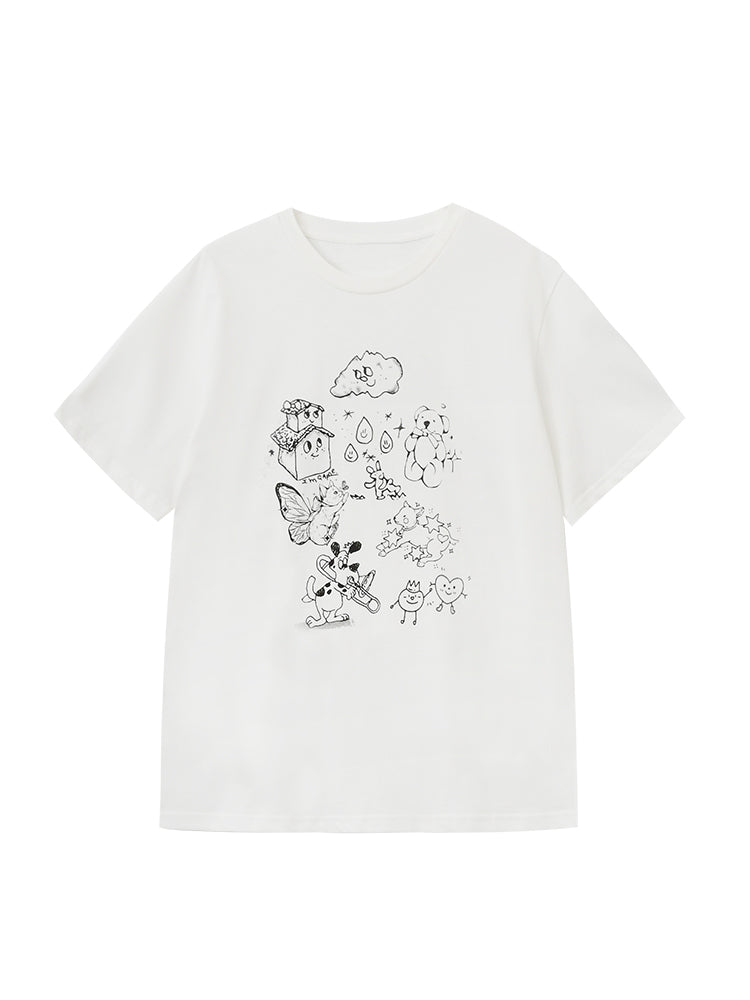 Cotton T-Shirt With Illustration Print