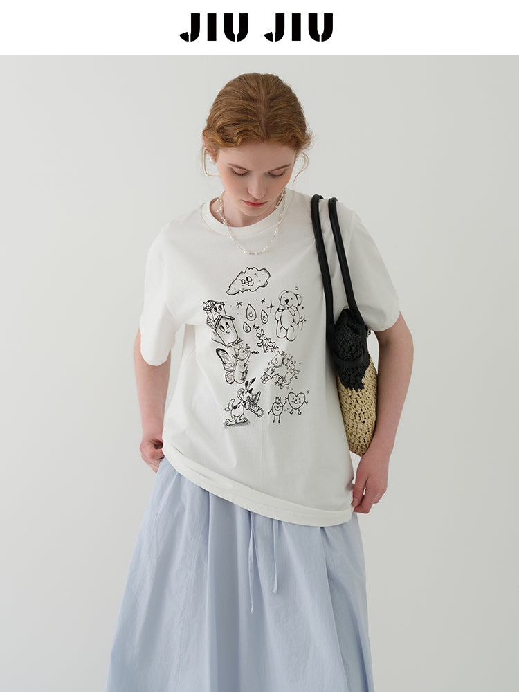 Cotton T-Shirt With Illustration Print
