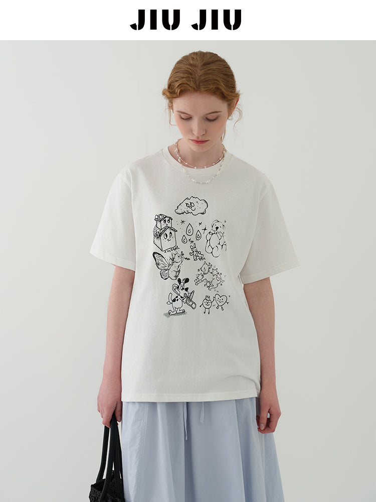 Cotton T-Shirt With Illustration Print