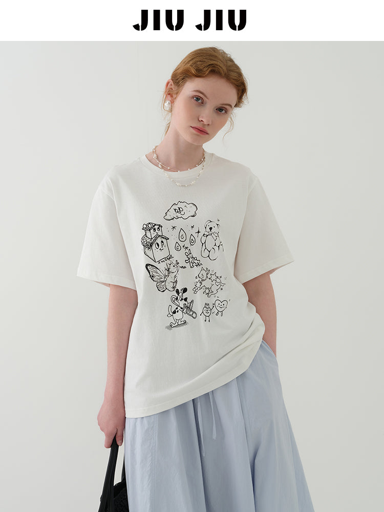 Cotton T-Shirt With Illustration Print