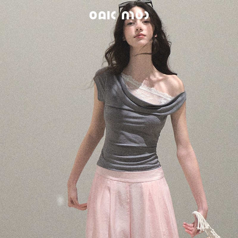 Off-Shoulder Draped Top With Lace Detail