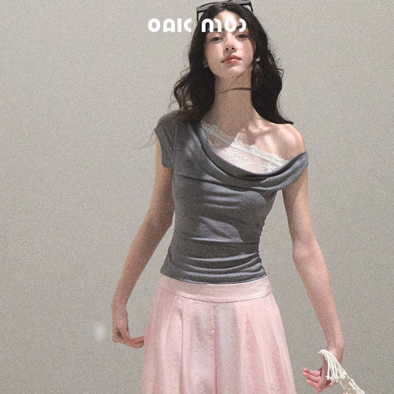 Off-Shoulder Draped Top With Lace Detail