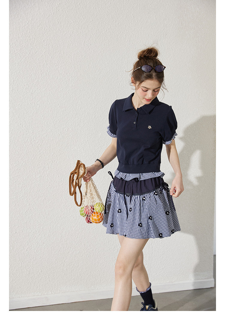 Floral Gingham Puff-Sleeve Polo Shirt And Skirt