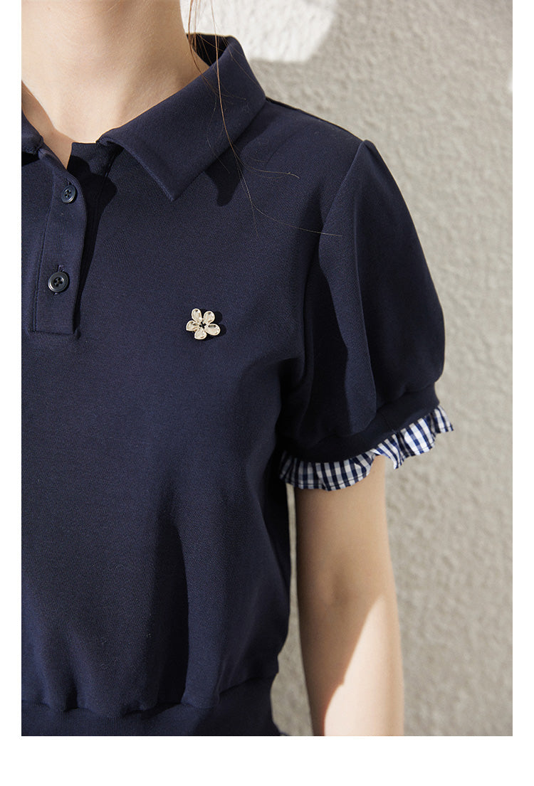 Floral Gingham Puff-Sleeve Polo Shirt And Skirt