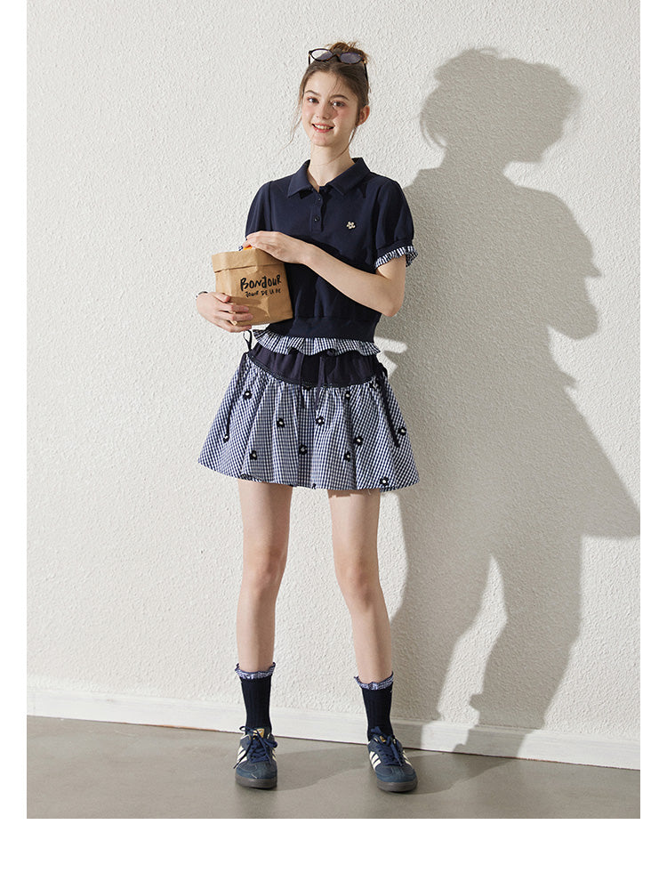 Floral Gingham Puff-Sleeve Polo Shirt And Skirt