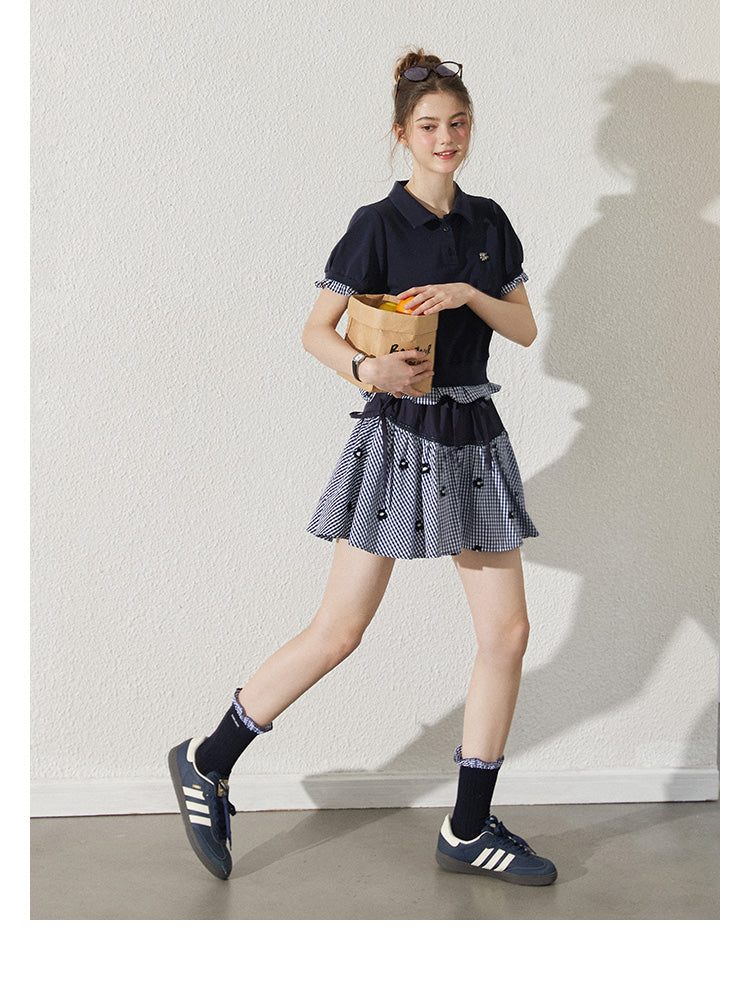 Floral Gingham Puff-Sleeve Polo Shirt And Skirt