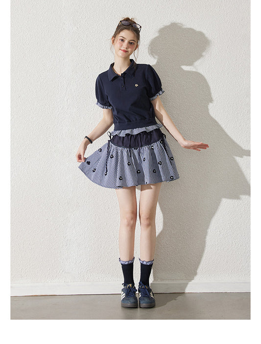 Floral Gingham Puff-Sleeve Polo Shirt And Skirt
