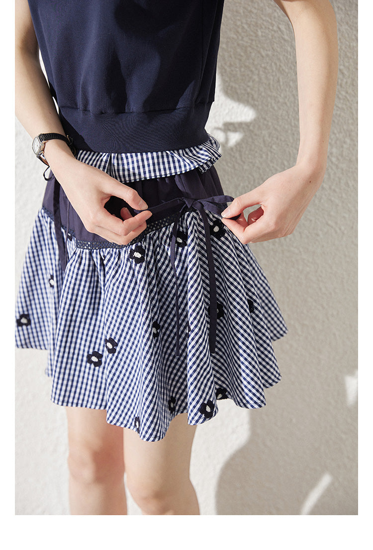 Floral Gingham Puff-Sleeve Polo Shirt And Skirt