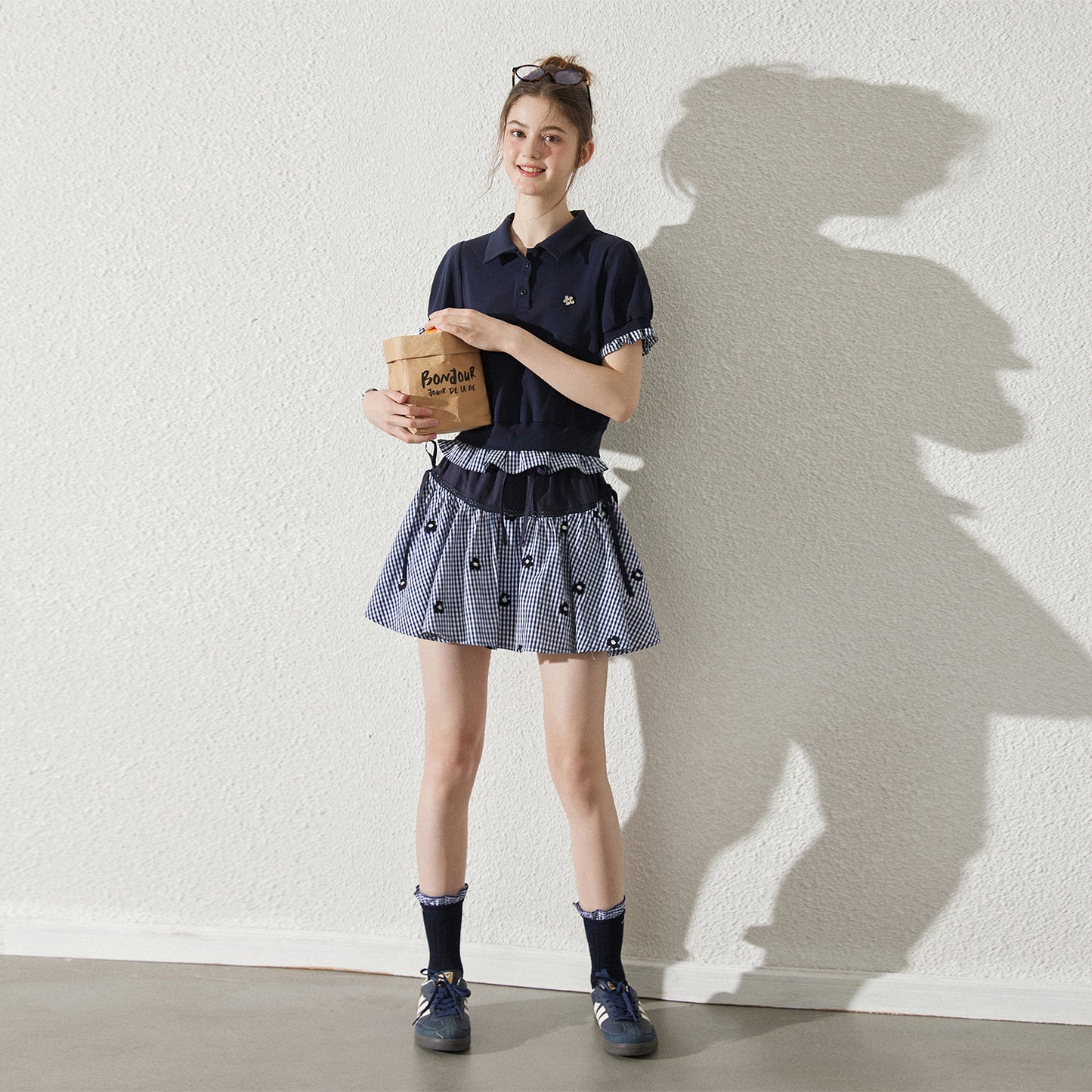 Floral Gingham Puff-Sleeve Polo Shirt And Skirt