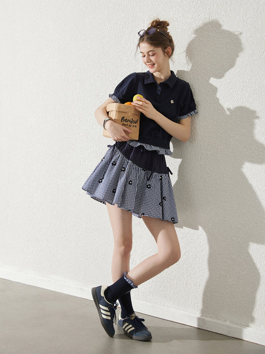 Floral Gingham Puff-Sleeve Polo Shirt And Skirt