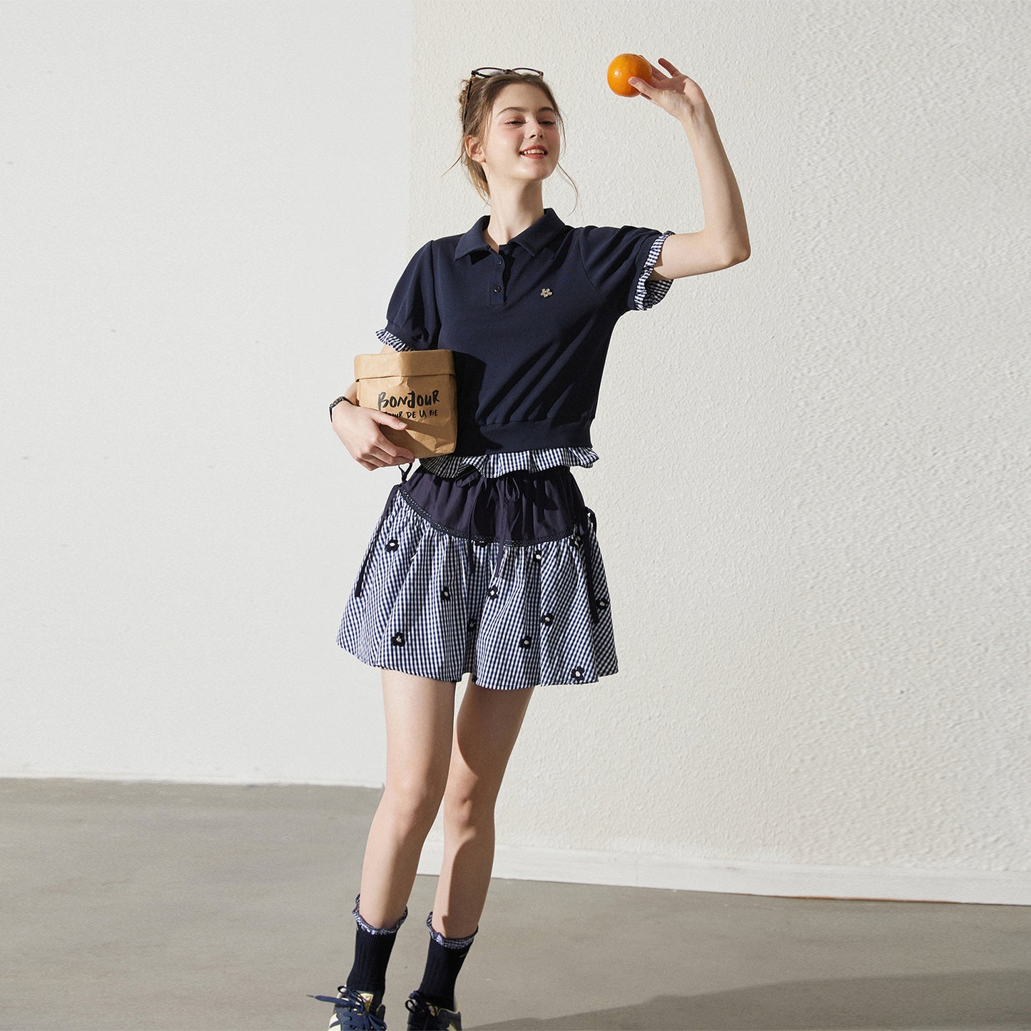 Floral Gingham Puff-Sleeve Polo Shirt And Skirt