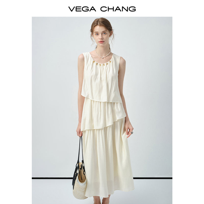 Sleeveless Tiered Dress With Beaded Neckline