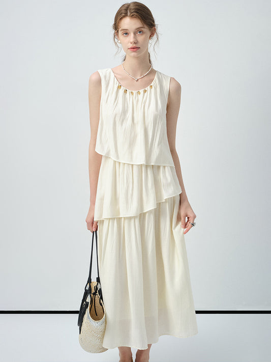 Sleeveless Tiered Dress With Beaded Neckline