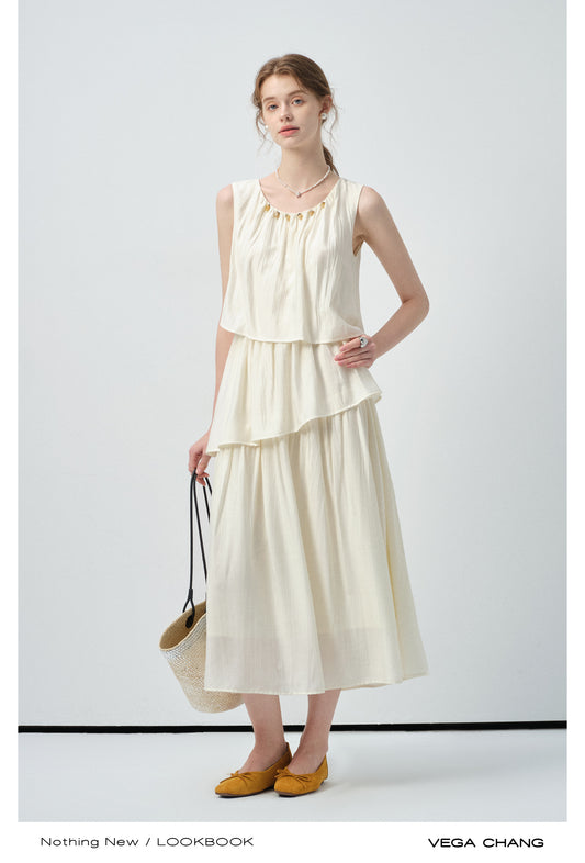 Sleeveless Tiered Dress With Beaded Neckline