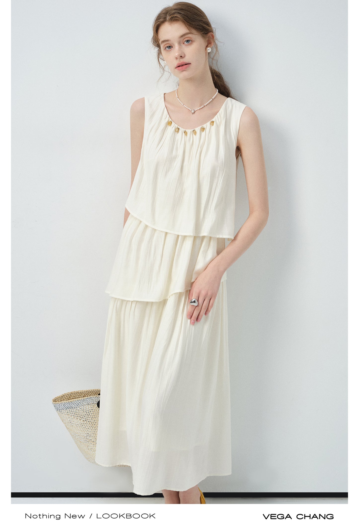 Sleeveless Tiered Dress With Beaded Neckline