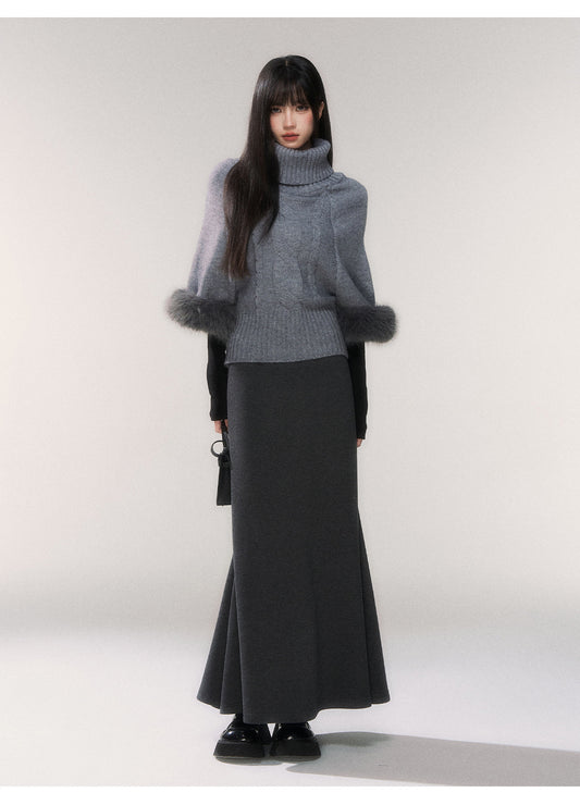 Roll-Neck Cable Knit Cape Sweater