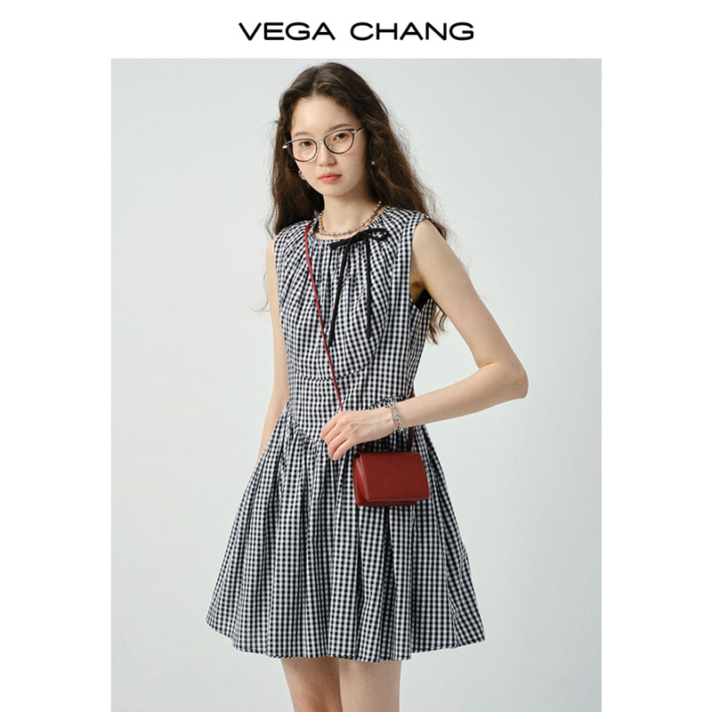 V-Waist Gingham Check Sleeveless Dress