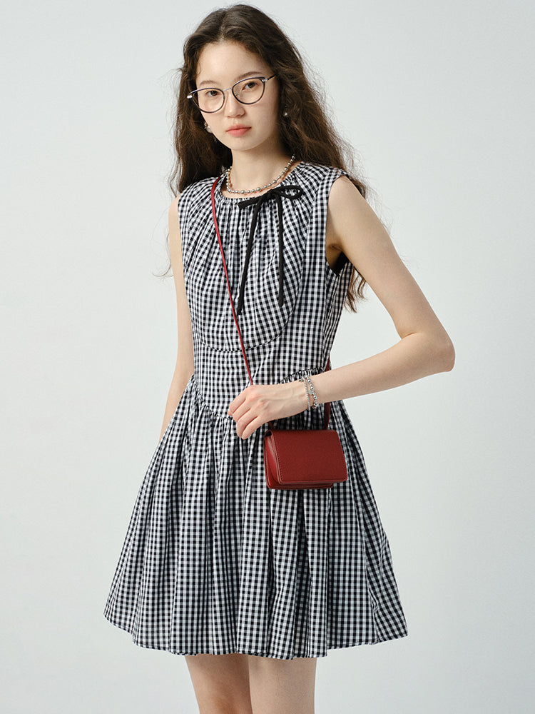 V-Waist Gingham Check Sleeveless Dress