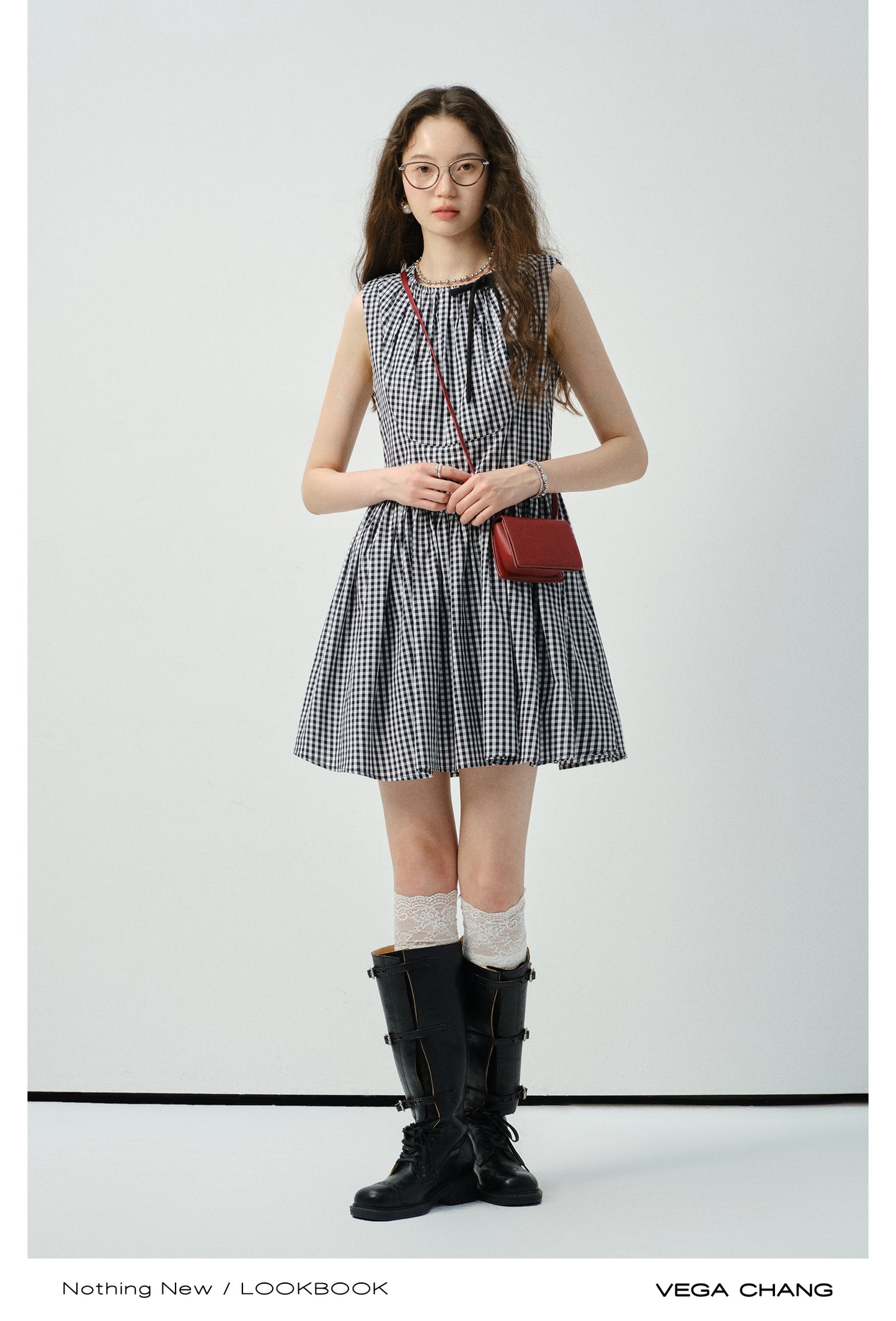 V-Waist Gingham Check Sleeveless Dress