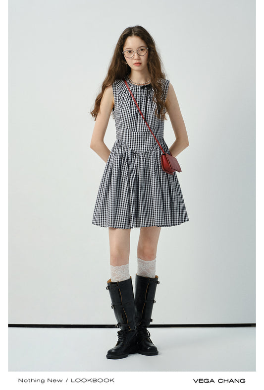 V-Waist Gingham Check Sleeveless Dress