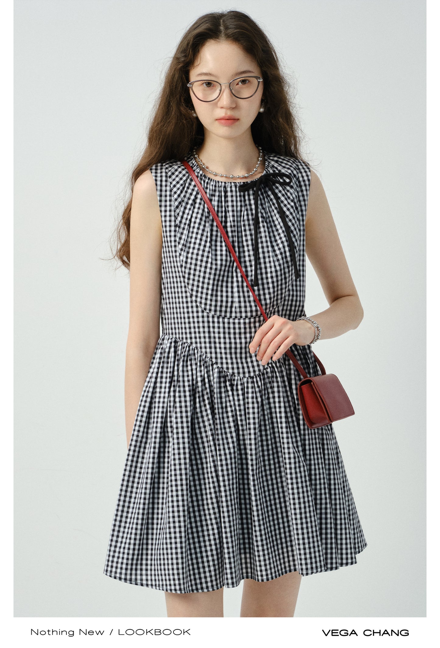 V-Waist Gingham Check Sleeveless Dress