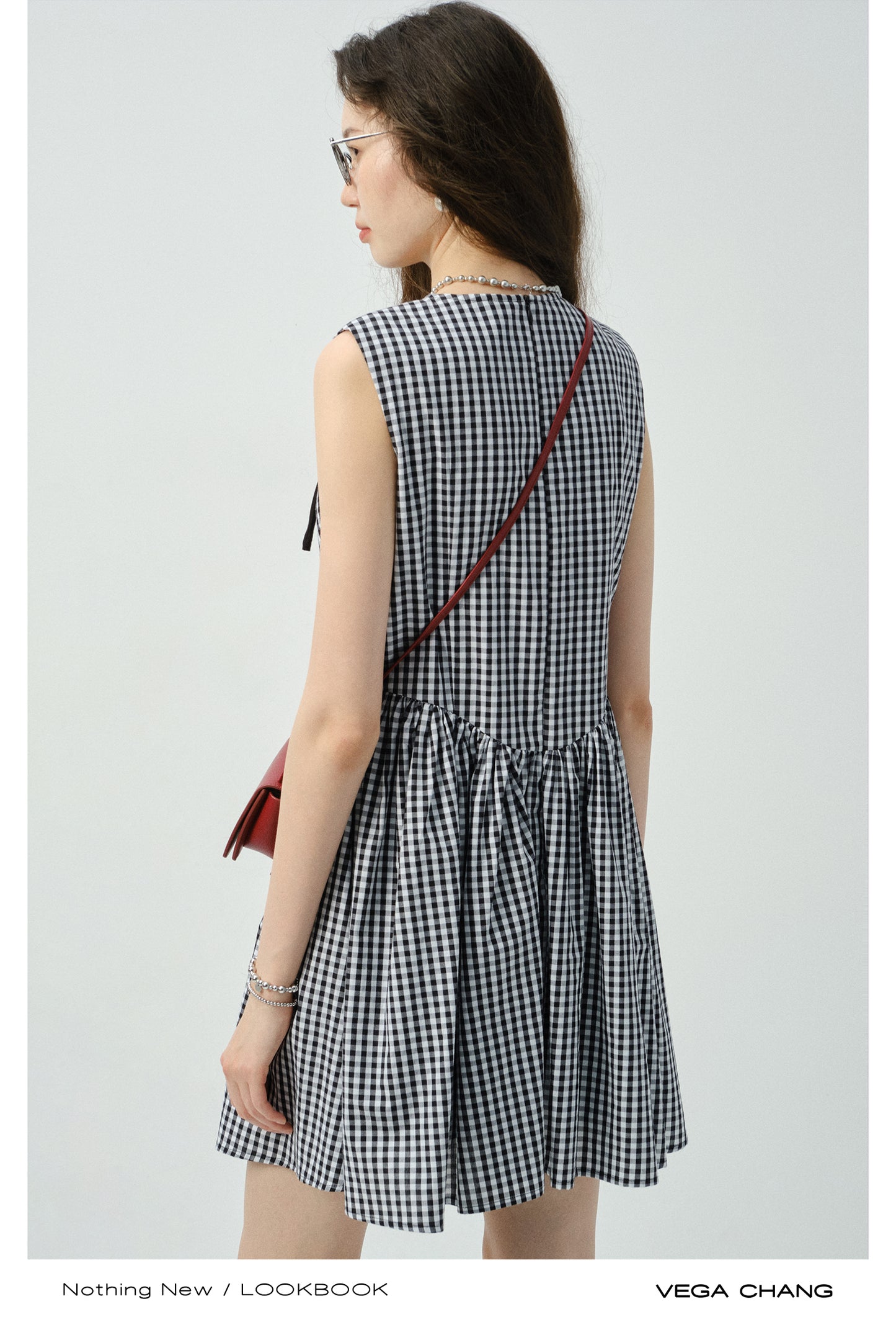 V-Waist Gingham Check Sleeveless Dress