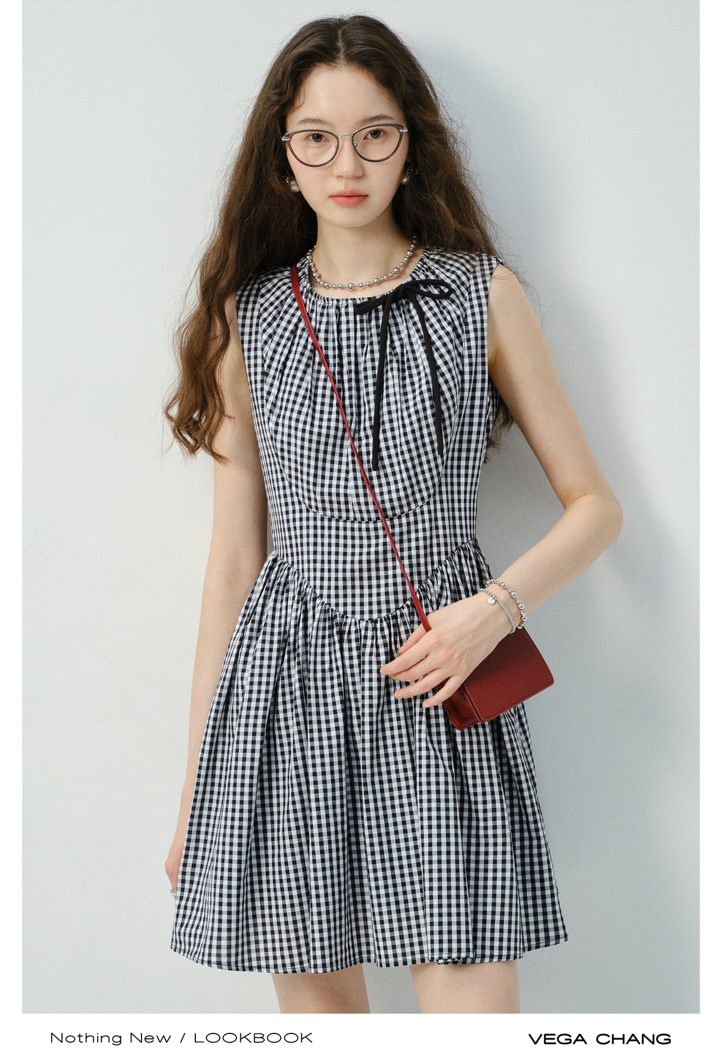 V-Waist Gingham Check Sleeveless Dress