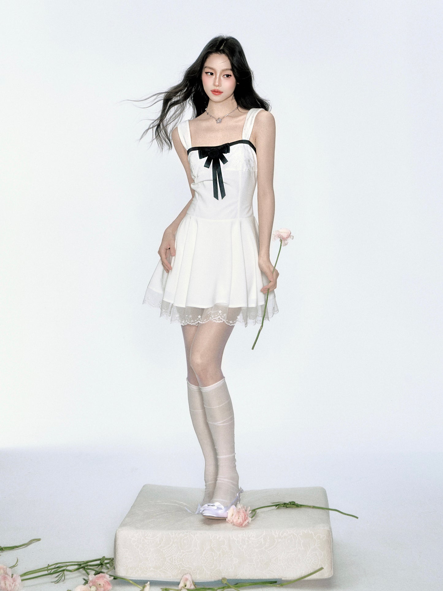 Strapped Bustier Style Dress With Contrasted Bow