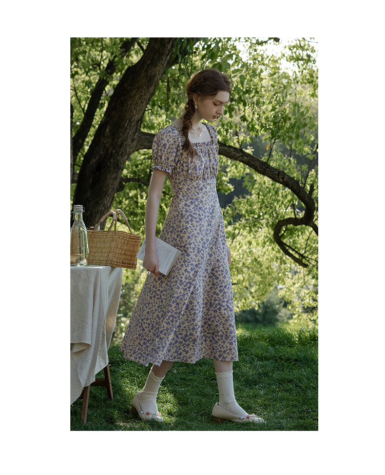 Floral Puff-Sleeve Ruched A-Line Dress