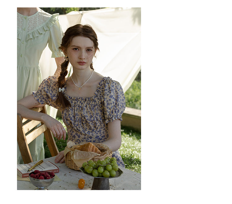 Floral Puff-Sleeve Ruched A-Line Dress