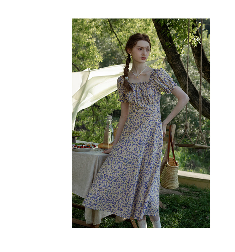 Floral Puff-Sleeve Ruched A-Line Dress