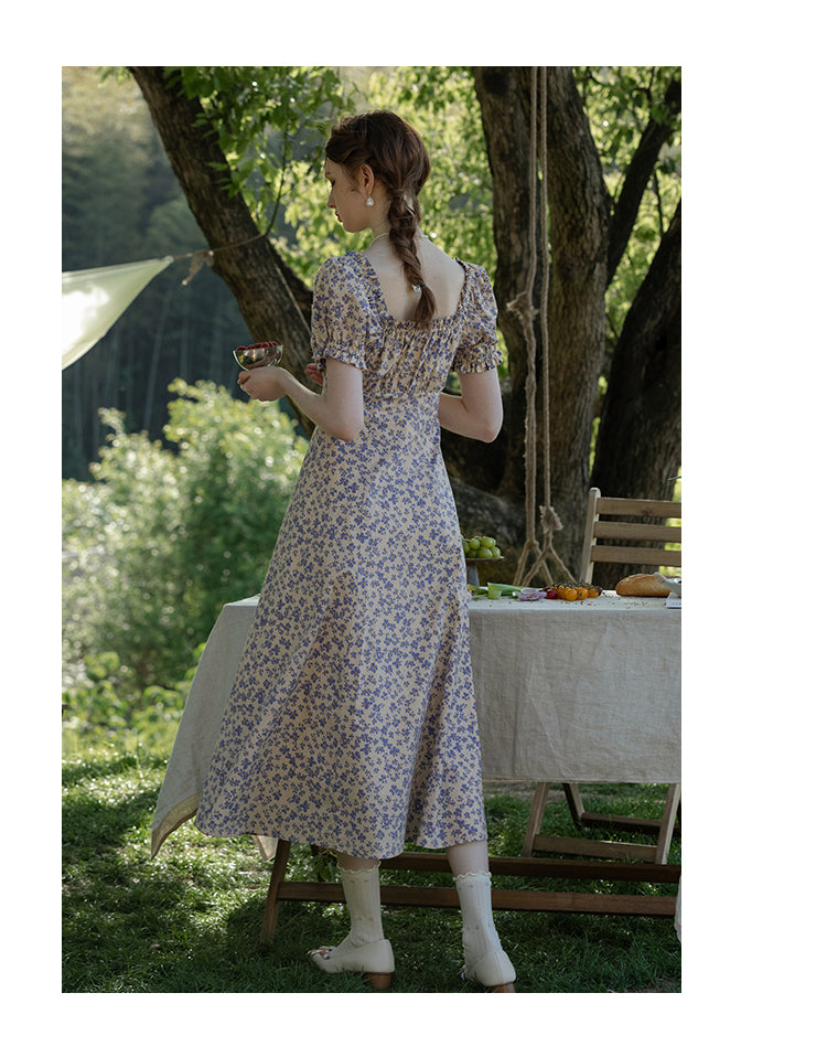 Floral Puff-Sleeve Ruched A-Line Dress