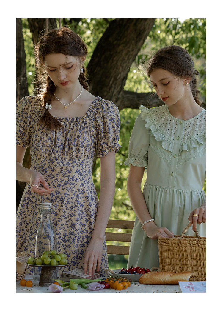 Floral Puff-Sleeve Ruched A-Line Dress