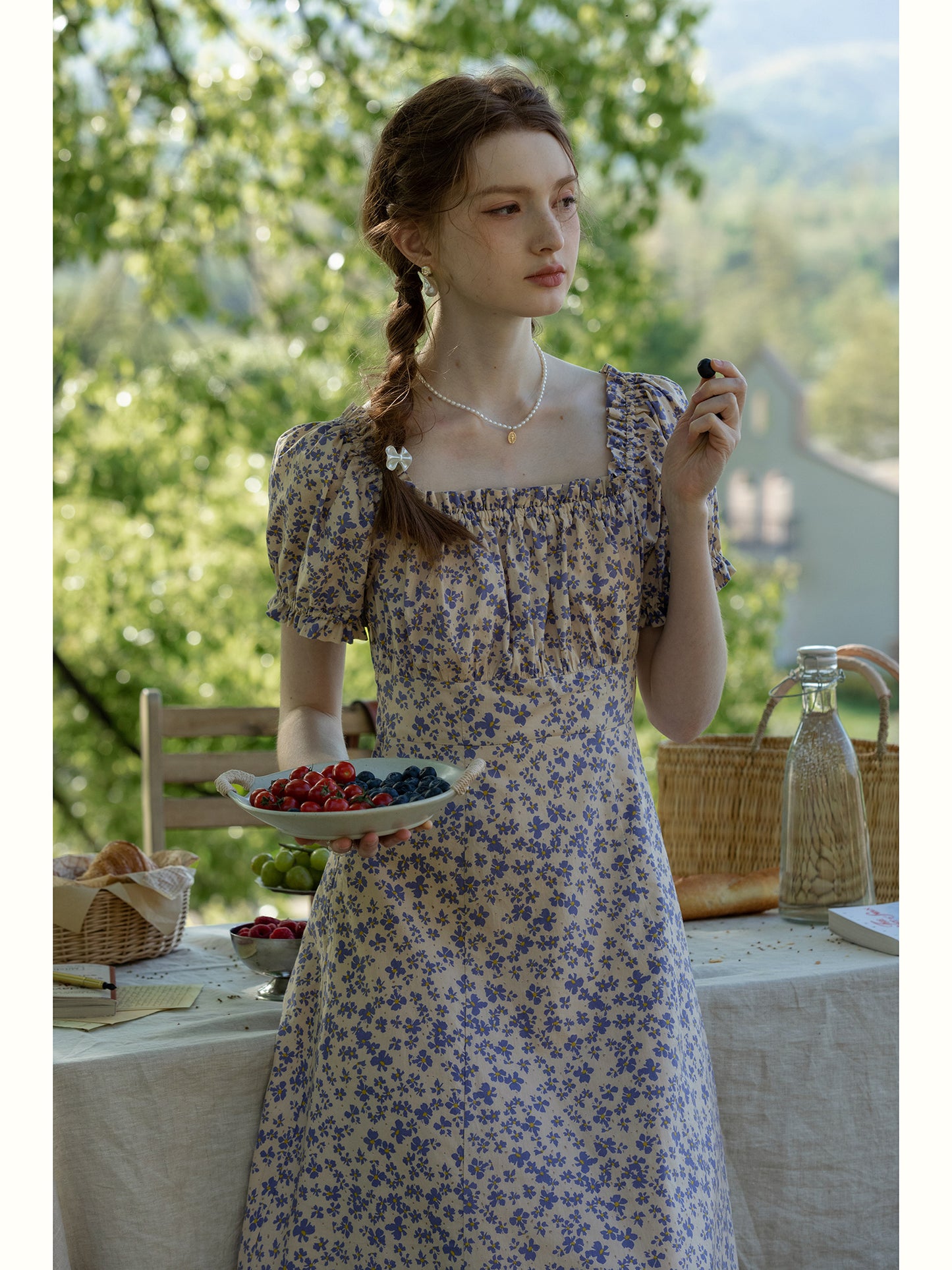 Floral Puff-Sleeve Ruched A-Line Dress