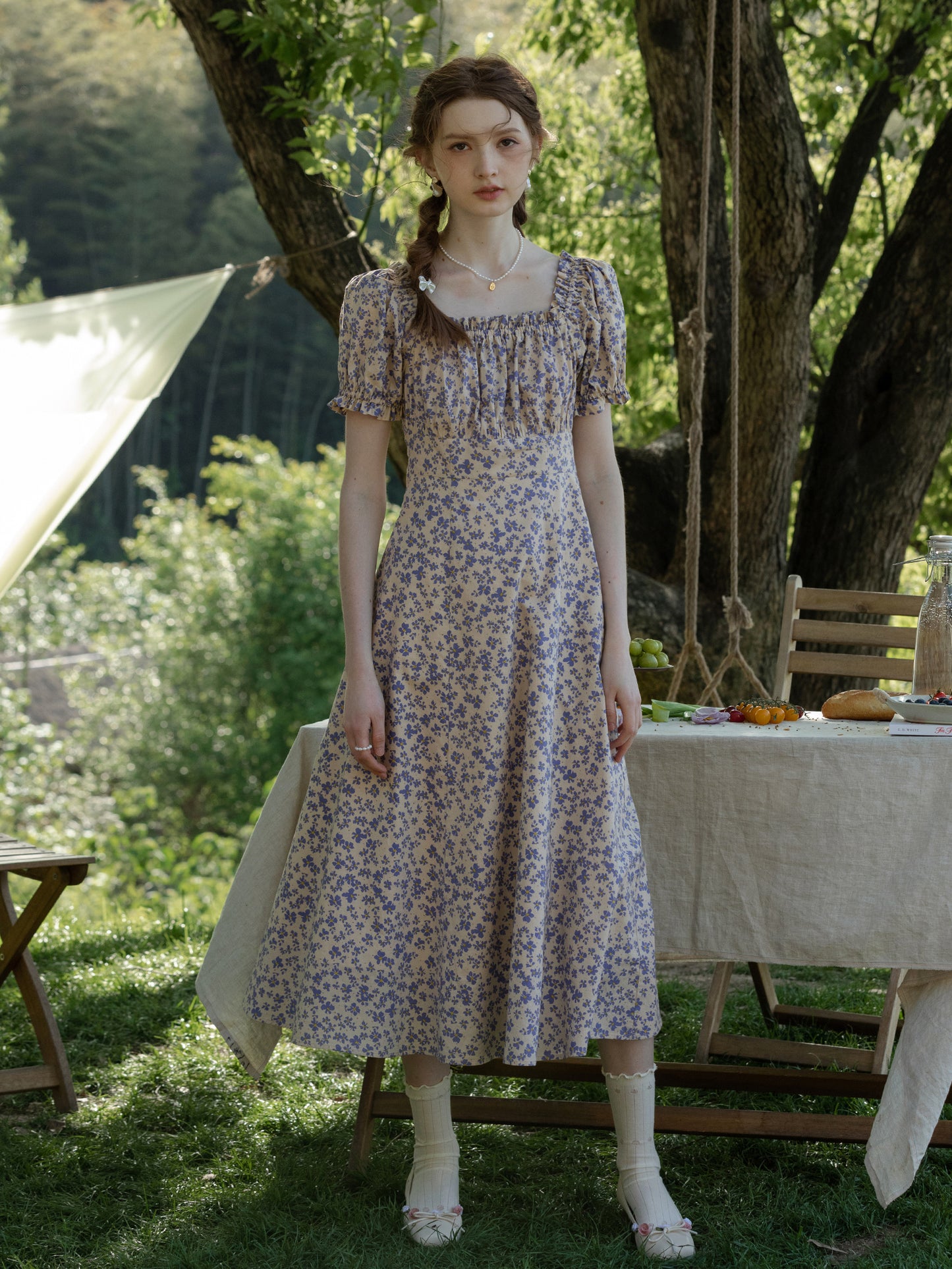 Floral Puff-Sleeve Ruched A-Line Dress