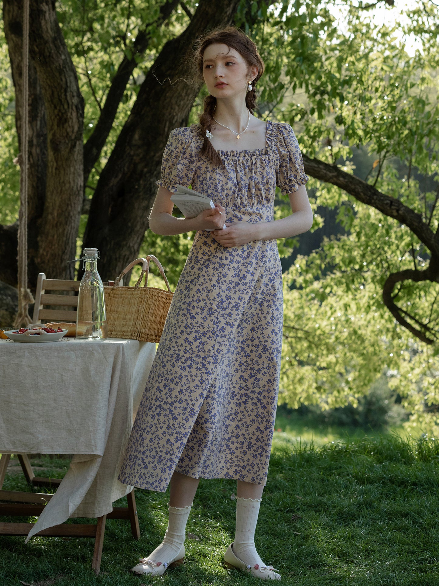 Floral Puff-Sleeve Ruched A-Line Dress