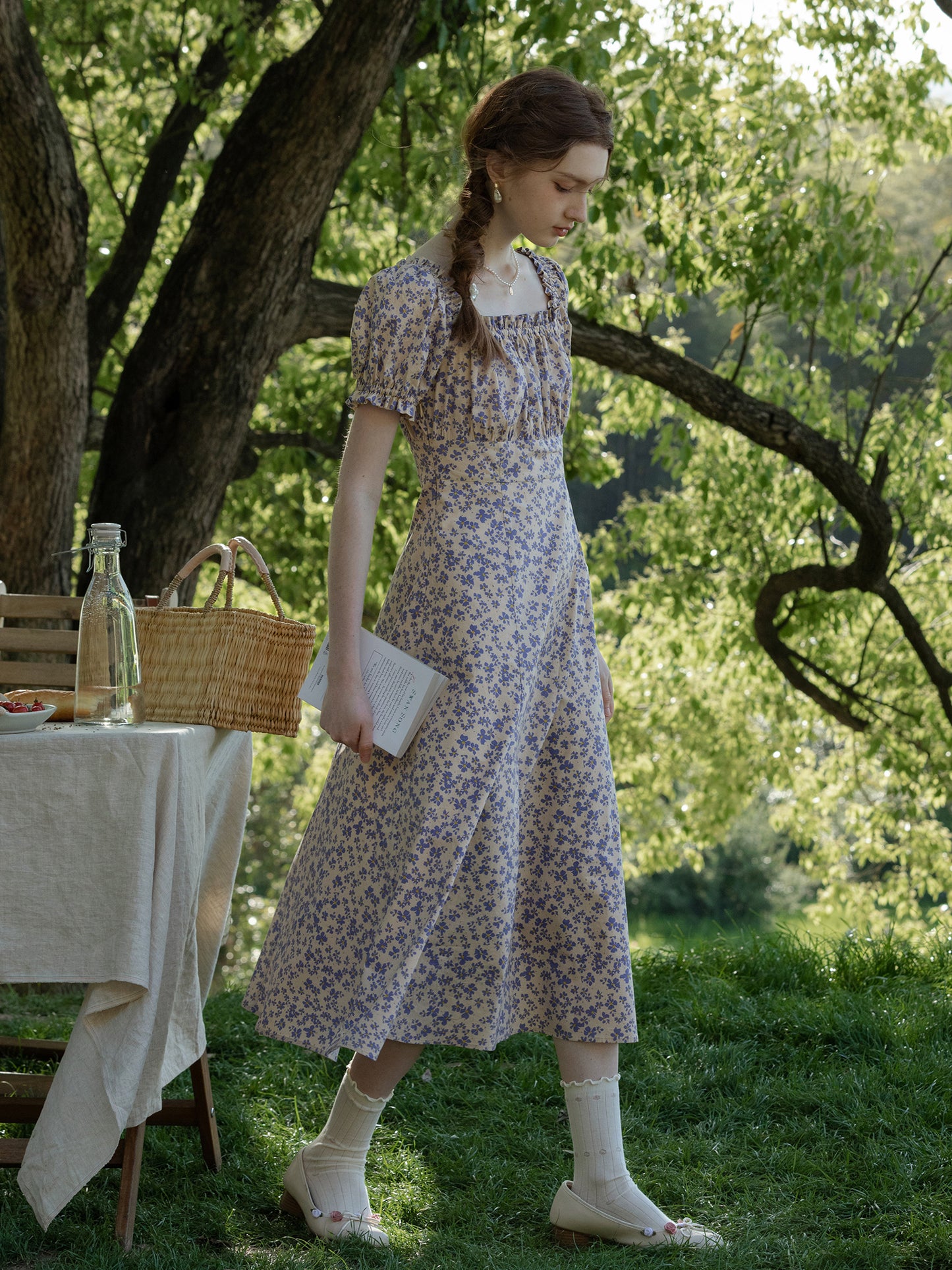 Floral Puff-Sleeve Ruched A-Line Dress