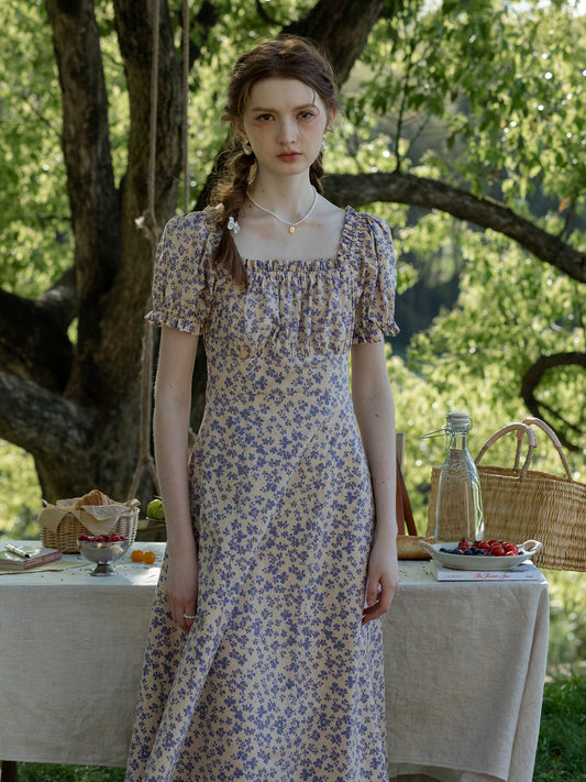 Floral Puff-Sleeve Ruched A-Line Dress