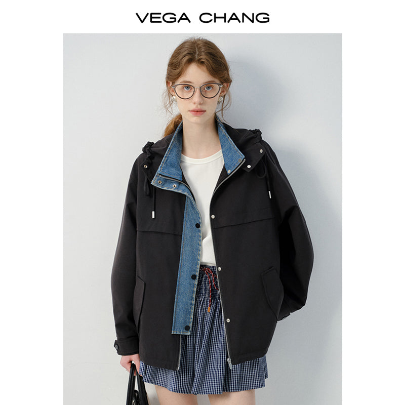 Layered-Look Hooded Jacket With Denim Details