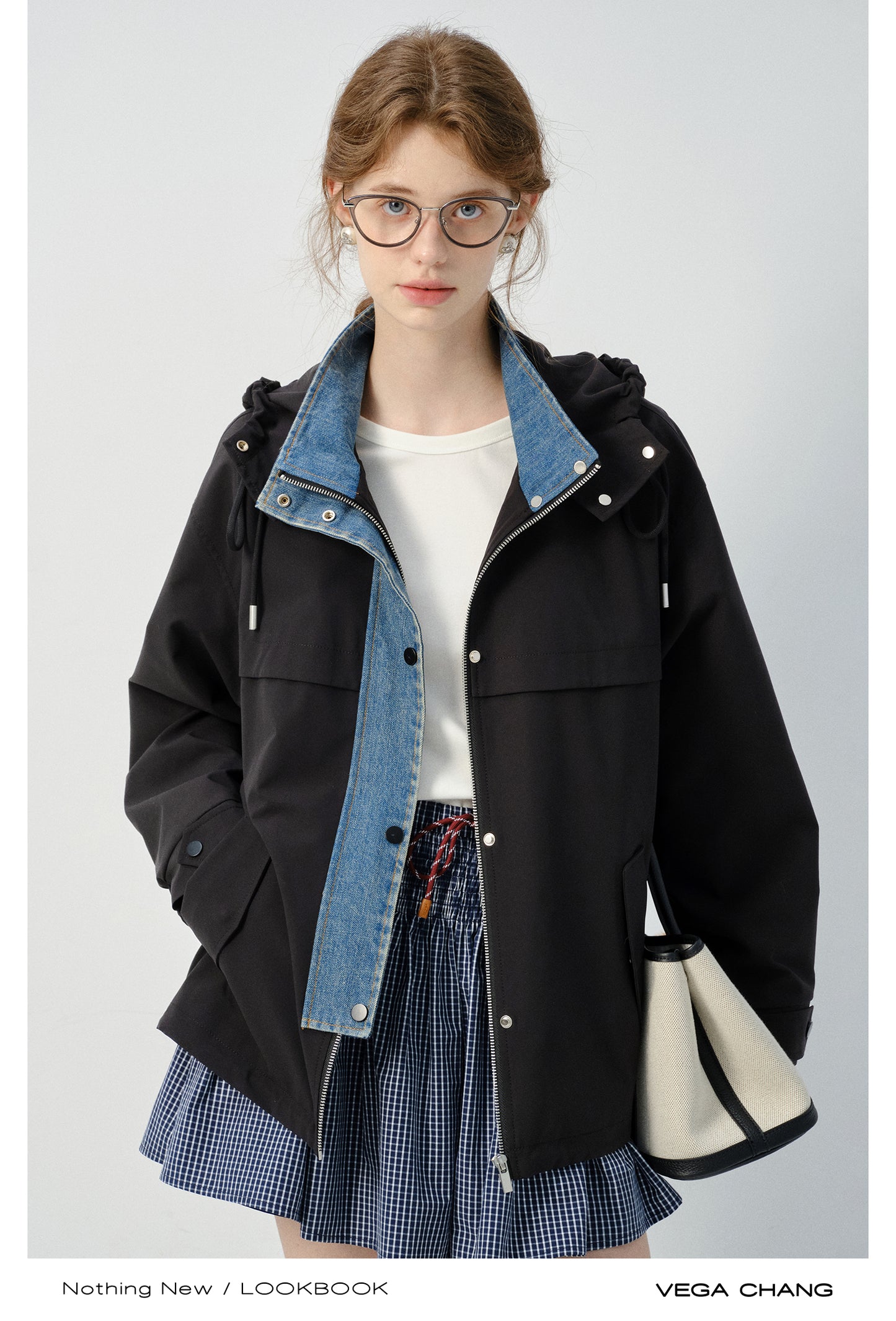 Layered-Look Hooded Jacket With Denim Details