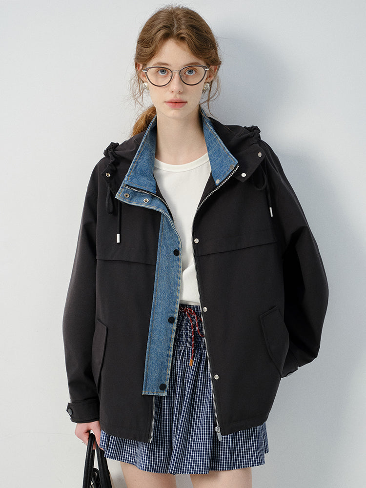 Layered-Look Hooded Jacket With Denim Details